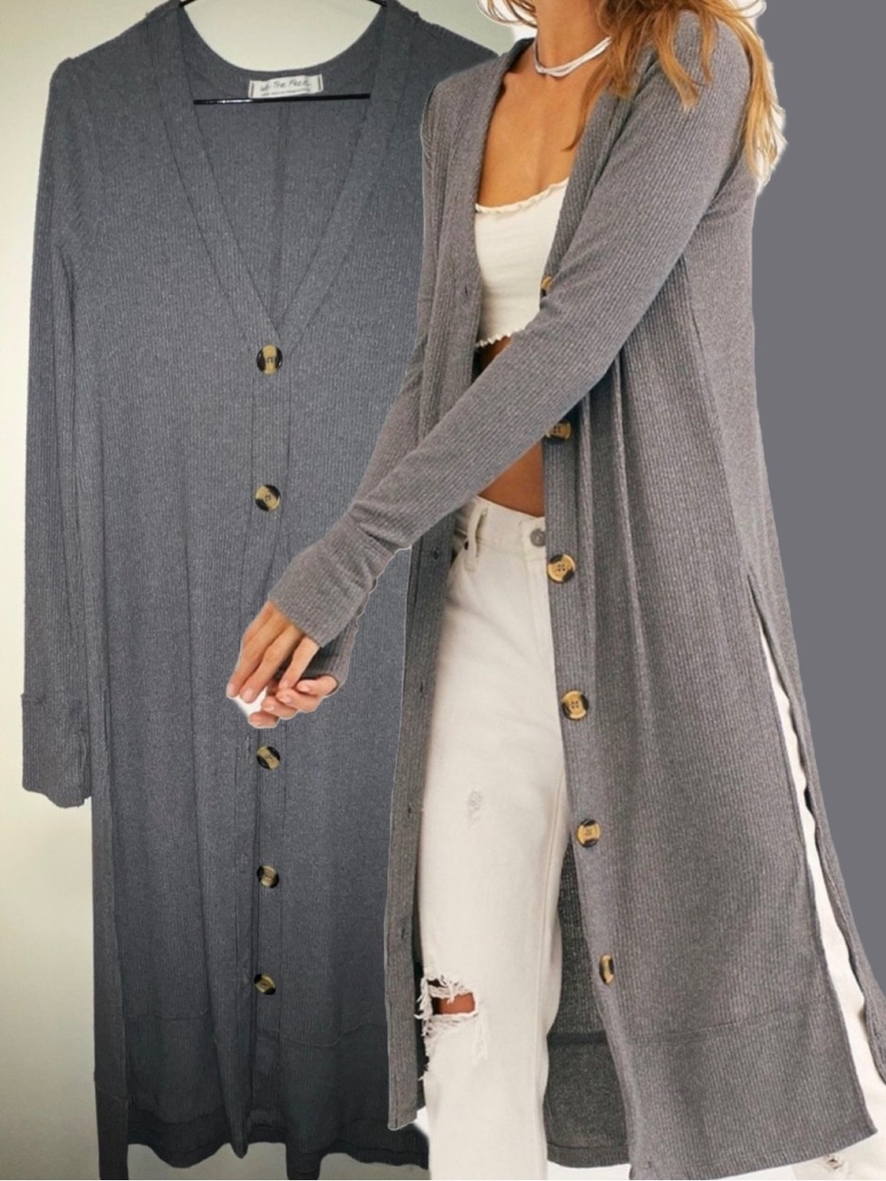 Free People Perfect Match longline cardigan long ribbed Heathered Gray Size L